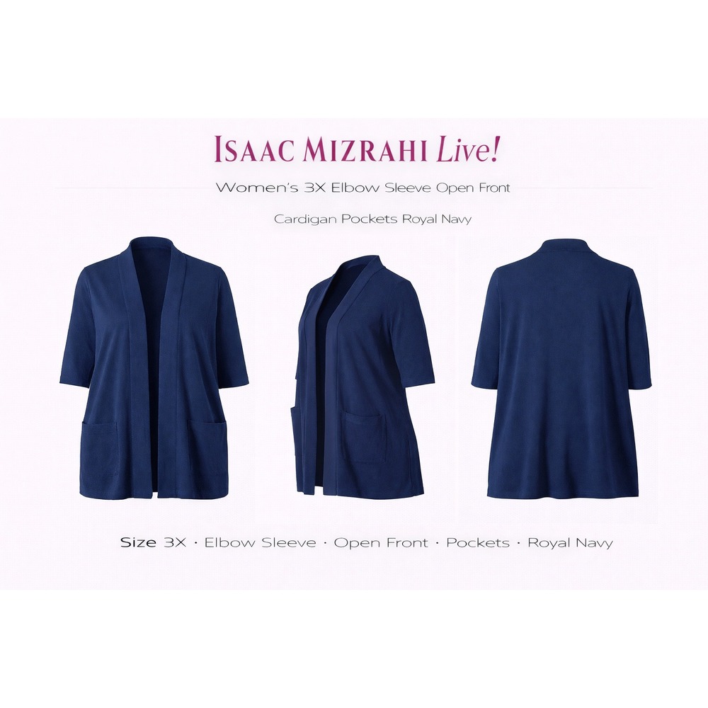 Isaac Mizrahi Live!‎ Navy Elbow Sleeve Open Front Cardigan Pockets 3X A376660